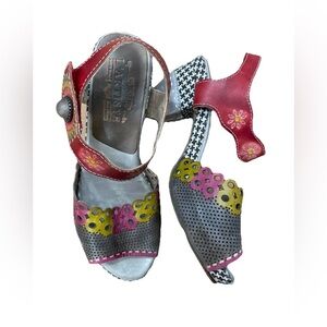 Spring Step L'Artiste Jacinta Taupe Gay Red Straps tweed Sandal Heels sz 39 EUC